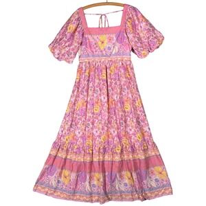 NWT In Loom Maxi Dress Size L Pink Floral Square Neck Puff Sleeve Boho Festival